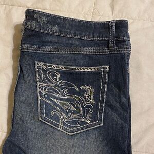 Rock 47 Wrangler Long Dark Blue Distressed stretch jeans with White Embroidery
